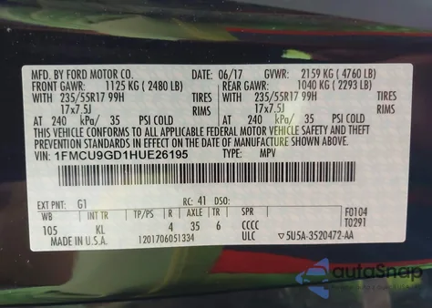 2017 Ford Escape Se z USA, uszkodzony, nr VIN 1FMCU9GD1HUE26195